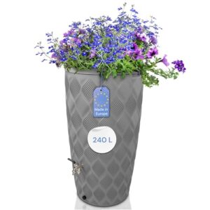 YourCasa Regentonne 240 Liter [Seabreeze] Regenfass Frostsicher aus Kunststoff mit Wasserhahn - Regenwassertonne - Wasserfass Regenwassertank Wassertonne für Garten (Grau Mit Wasserhahn)