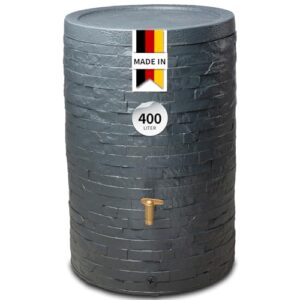 4rain ARONDO Regentonne 400 Liter Graphitgrau – Regenfass mit Deckel Weithalsöffnung – Frostsicherer Regenwassertank/Regenwassertonne – Schmale Wassertonne für Garten – Wasserfass Kunststoff