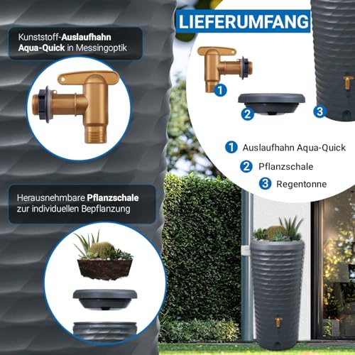 4rain Jolie 2in1 Regentonne 230 Liter Graphite Grey inkl. Pflanzschale - Wassertank, Regenfass, Regenwassertonne, Wasserbehälter, Regenwassertank, Fass, Wassertonne, Wasserfass, Wandtank – Bild 4