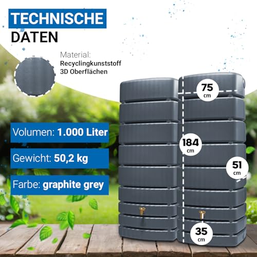 4rain Slim Wandtank-Set Regentonne 1000 Liter Graphite Grey, 2 x Slim 500 Liter inkl. Verbinder - Wassertank, Fass, Regenfass, Regenwassertonne, Regenwassertank, Wasserbehälter, Wassertonne – Bild 3