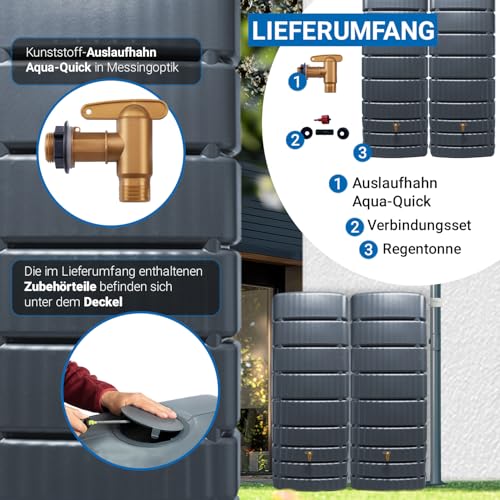 4rain Slim Wandtank-Set Regentonne 1000 Liter Graphite Grey, 2 x Slim 500 Liter inkl. Verbinder - Wassertank, Fass, Regenfass, Regenwassertonne, Regenwassertank, Wasserbehälter, Wassertonne – Bild 4