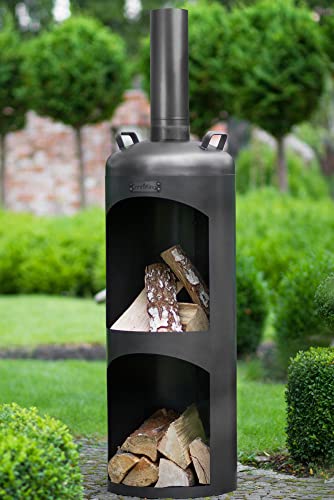 MR. DEKO Gartenofen Massachusetts rund 158 cm | Outdoor Terrassenofen mit Brennkammer und Holzlager | Gartenkamin aus Stahl schwarz | Kaminofen modern | Lagerfeuer Garten – Bild 2