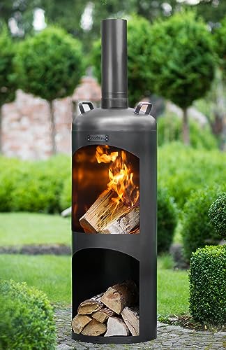 MR. DEKO Gartenofen Massachusetts rund 158 cm | Outdoor Terrassenofen mit Brennkammer und Holzlager | Gartenkamin aus Stahl schwarz | Kaminofen modern | Lagerfeuer Garten – Bild 3