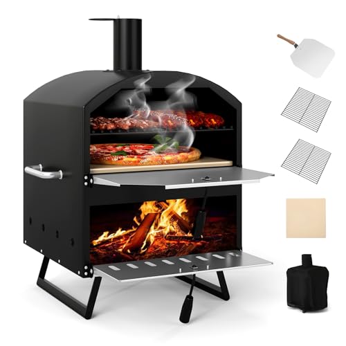 COSTWAY Outdoor Pizzaofen, 2-lagigem Pizza Ofen mit Grillrost, Pizzaschaufel, quadratischem Stein, wasserdichter Abdeckung, tragbarer Brennofen, Holzofen für Picknick, BBQ-Party, Camping