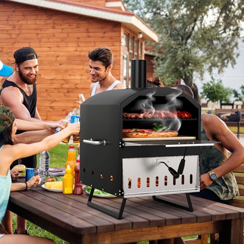COSTWAY Outdoor Pizzaofen, 2-lagigem Pizza Ofen mit Grillrost, Pizzaschaufel, quadratischem Stein, wasserdichter Abdeckung, tragbarer Brennofen, Holzofen für Picknick, BBQ-Party, Camping – Bild 2