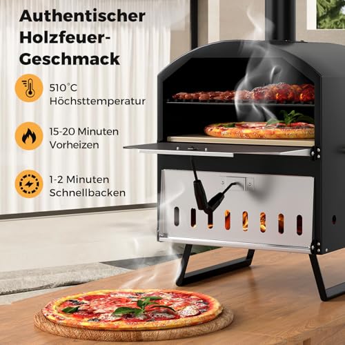 COSTWAY Outdoor Pizzaofen, 2-lagigem Pizza Ofen mit Grillrost, Pizzaschaufel, quadratischem Stein, wasserdichter Abdeckung, tragbarer Brennofen, Holzofen für Picknick, BBQ-Party, Camping – Bild 4