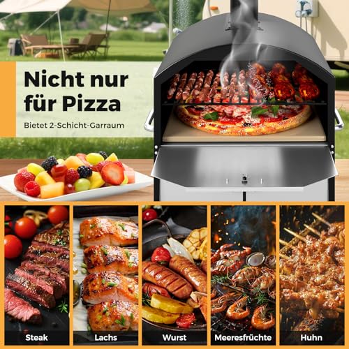 COSTWAY Outdoor Pizzaofen, 2-lagigem Pizza Ofen mit Grillrost, Pizzaschaufel, quadratischem Stein, wasserdichter Abdeckung, tragbarer Brennofen, Holzofen für Picknick, BBQ-Party, Camping – Bild 5