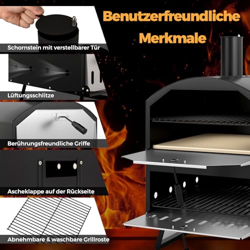 COSTWAY Outdoor Pizzaofen, 2-lagigem Pizza Ofen mit Grillrost, Pizzaschaufel, quadratischem Stein, wasserdichter Abdeckung, tragbarer Brennofen, Holzofen für Picknick, BBQ-Party, Camping – Bild 7