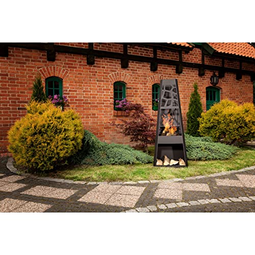 dobar® 35423 Design Metall Gartenkamin mit Grillrost | Terrassenofen auf Stahlblech inkl. Stauraum | XL Feuerstelle für Garten/Terrasse | Gartenfeuer | Großer Gartenofen | 57,5 x 38 x 148 cm | Schwarz – Bild 2
