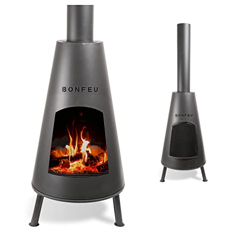 BonFeu BonPyra Schwarz - Terrassenofen - Feuerstelle mit Funkenschutz für entspannte Abende - Feuersäule Outdoor - Terrassenkamin mit Grillrost - Gartenofen hochwertigem Cortenstahl