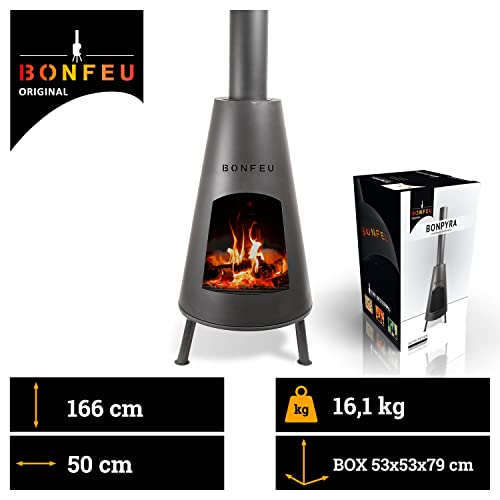 BonFeu BonPyra Schwarz - Terrassenofen - Feuerstelle mit Funkenschutz für entspannte Abende - Feuersäule Outdoor - Terrassenkamin mit Grillrost - Gartenofen hochwertigem Cortenstahl – Bild 2