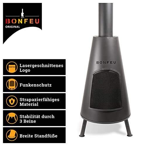 BonFeu BonPyra Schwarz - Terrassenofen - Feuerstelle mit Funkenschutz für entspannte Abende - Feuersäule Outdoor - Terrassenkamin mit Grillrost - Gartenofen hochwertigem Cortenstahl – Bild 3