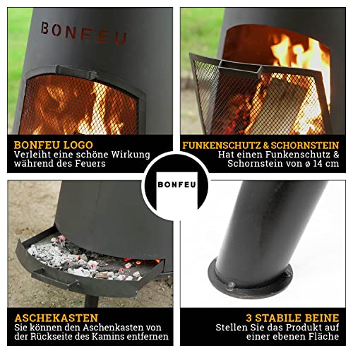 BonFeu BonPyra Schwarz - Terrassenofen - Feuerstelle mit Funkenschutz für entspannte Abende - Feuersäule Outdoor - Terrassenkamin mit Grillrost - Gartenofen hochwertigem Cortenstahl – Bild 4