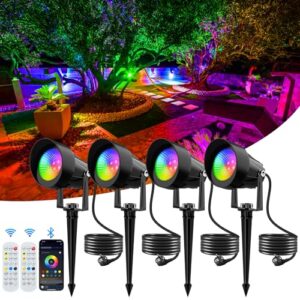 NATPOW Gartenbeleuchtung mit Strom RGB, 4 Stück LED Gartenbeleuchtung RGB Smart, Gartenleuchte LED mit APP und Fernbedienung, IP65 Wasserdichte Gartenstrahler mit Erdspieß für Garten, Terrasse, Wegen
