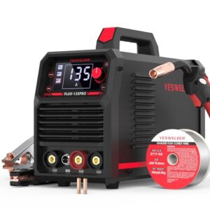 YESWELDER 135A MIG Fülldraht Schweißgerät ohne Gas, Große LED-Digitalanzeige 230V SYNERGIC-STEUERUNG Fülldrahtschweißgerät Flux MIG/Lift TIG/Stick MMA 3-in-1 Schweißgerät IGBT Inverter Schweissgerät