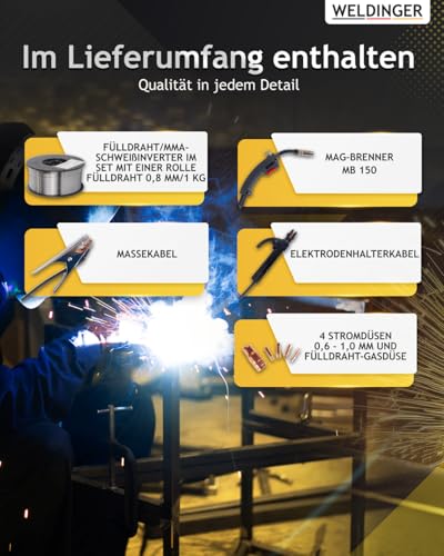 WELDINGER ME 130 mini Flux Fülldrahtschweißgerät 1 kg Fülldraht Fülldraht-Gasdüse Stromdüsen MMA Lift-WIG abnehmbares Schlauchpaket 5 Jahre Garantie – Bild 3