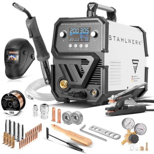 STAHLWERK Schweißgerät MIG MAG 200 ST Digital - Vollausstattung - kompakt & leistungsstark, Inverter mit 200 A, Schutzgas-, FLUX- und MMA/ARC-Schweißen, Spot-Funktion, synergischer Drahtvorschub