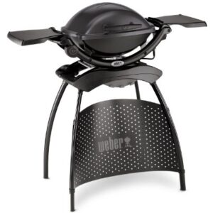 Weber Q 1400 Elektrogrill mit Stand/Tragbarer Stadtgrill, Porzellanemaillierter Gusseisenrost, Schnellheizelement, 43 x 32 cm Grillfläche, Abnehmbare Auffangschale, 1,8 m Netzkabel, Schwarz