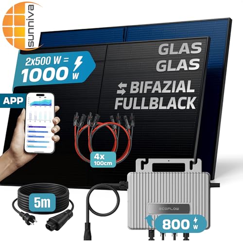 SUNNIVA 1000W Balkonkraftwerk BIFAZIAL FULLBLACK komplett Steckdose Ecoflow 800W Wechselrichter, PV Solaranlage, 2x 500W Glas-Glas Solarmodule, inkl. 5m Kabel, Bluetooth WIFI, Komplettset – Bild 3