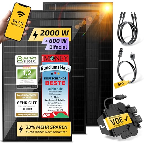 Solakon Balkonkraftwerk 2000W komplett Steckdose - Balkonkraftwerk 2000 Watt neuester Wechselrichter 800W - Solaranlage Komplettset mit 4x500W Solarpanel/Solar Panels mit 5m Kabel