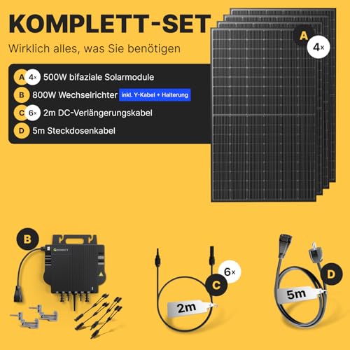 Solakon Balkonkraftwerk 2000W komplett Steckdose - Balkonkraftwerk 2000 Watt neuester Wechselrichter 800W - Solaranlage Komplettset mit 4x500W Solarpanel/Solar Panels mit 5m Kabel – Bild 4