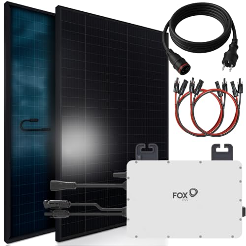 SUNNIVA 920W Balkonkraftwerk BIFAZIAL FULLBLACK komplett Steckdose FOX ESS 800W Wechselrichter, PV Solaranlage, 2x 460W Glas-Glas Solarmodule, inkl. 5m Kabel, Bluetooth WIFI, Komplettset