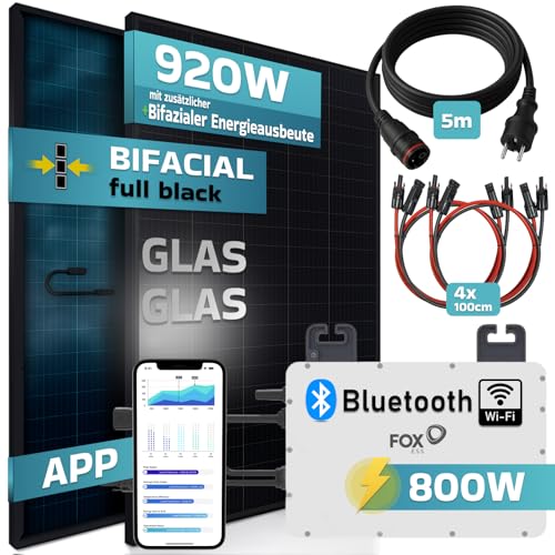 SUNNIVA 920W Balkonkraftwerk BIFAZIAL FULLBLACK komplett Steckdose FOX ESS 800W Wechselrichter, PV Solaranlage, 2x 460W Glas-Glas Solarmodule, inkl. 5m Kabel, Bluetooth WIFI, Komplettset – Bild 4