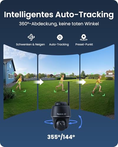 Reolink 4K Überwachungskamera Aussen Solar, 360°/140° Schwenk-/Neige, Auto-Tracking, WLAN Kamera Outdoor Akku mit Farbnachtsicht, 2,4/5GHz WiFi, KI-Erkennung, Argus PT Ultra(Schwarz) Solarpanel – Bild 3