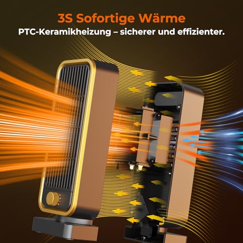 Heizlüfter Klein Energiesparend - 900W Leiser Elektrischer PTC Keramik, 3-Gang heizgeräte, Heater Überhitzungs Und Kippschutz, Elektroheizung für Räume Schlafzimmer – Bild 2