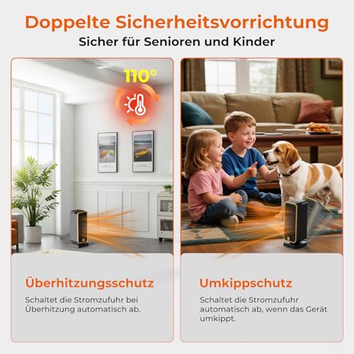 Heizlüfter Klein Energiesparend - 900W Leiser Elektrischer PTC Keramik, 3-Gang heizgeräte, Heater Überhitzungs Und Kippschutz, Elektroheizung für Räume Schlafzimmer – Bild 4