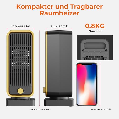 Heizlüfter Klein Energiesparend - 900W Leiser Elektrischer PTC Keramik, 3-Gang heizgeräte, Heater Überhitzungs Und Kippschutz, Elektroheizung für Räume Schlafzimmer – Bild 7