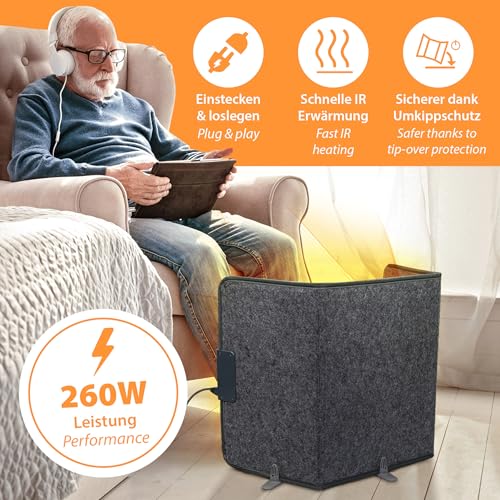 Mi-Heat Infrarot Schreibtischheizung Heizpaneel 260W | Standheizung für Büro Schreibtisch Arbeitsplatz unter den Tisch | Temperatur bis zu 60°C faltbar, Grau – Bild 4