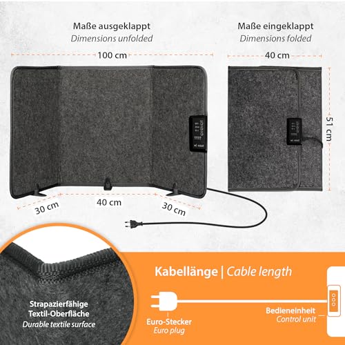 Mi-Heat Infrarot Schreibtischheizung Heizpaneel 260W | Standheizung für Büro Schreibtisch Arbeitsplatz unter den Tisch | Temperatur bis zu 60°C faltbar, Grau – Bild 7