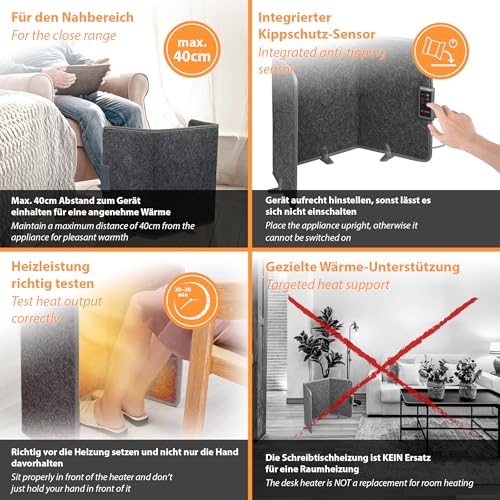 Mi-Heat Infrarot Schreibtischheizung Heizpaneel 260W | Standheizung für Büro Schreibtisch Arbeitsplatz unter den Tisch | Temperatur bis zu 60°C faltbar, Grau – Bild 9