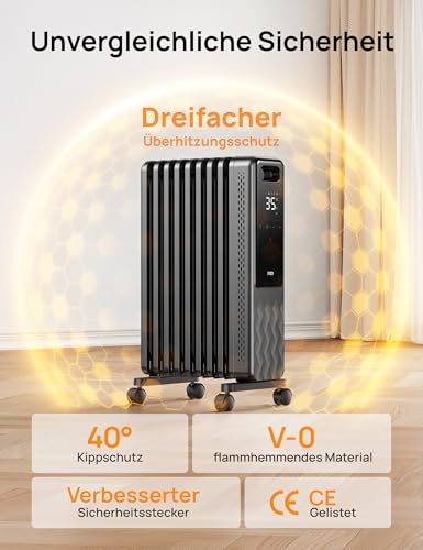 Dreo Ölradiator Energiesparend 2000W, Mobile Elektroheizung 9 Rippen mit Fernbedienung, 3 Heizstufen, 4 Modus, 24h Timer, Überhitzungs-Kippschutz, Radiatoren Elektrisch Heizung mit Thermostat, OH310 – Bild 5