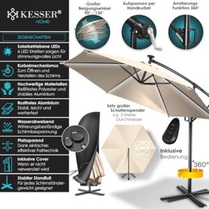 Alternative view of KESSER® Alu Ampelschirm LED Solar Ø300cm Inkl. Fernbedienung,Cover, Sicherheitsseile Kurbelvorrichtung Kurbelschirm mit Ständer 360° Funktion UV-Schutz Aluminium Wasserdicht Garten-Schirm Beige