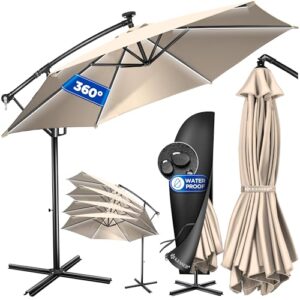 KESSER® Alu Ampelschirm LED Solar Ø300cm Inkl. Fernbedienung,Cover, Sicherheitsseile Kurbelvorrichtung Kurbelschirm mit Ständer 360° Funktion UV-Schutz Aluminium Wasserdicht Garten-Schirm Beige