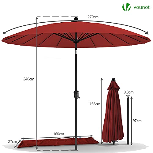 VOUNOT Shanghai Sonnenschirm 270 cm Rund mit Kurbelvorrichtung, Knickbar, Sonnenschutz UV-Schutz, Balkonschirm Gartenschirm Marktschirm mit Schutzhülle, Rot – Bild 3