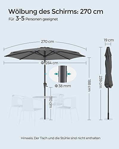 SONGMICS Sonnenschirm 270 cm, UPF 50 , Strandschirm, beidseitig um 30° knickbar, Sonnenschutz, mit Kurbel zum Öffnen/Schließen, für Terrasse, Balkon, Pool, ohne Ständer, grau GPU27GY – Bild 3