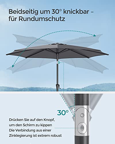 SONGMICS Sonnenschirm 270 cm, UPF 50 , Strandschirm, beidseitig um 30° knickbar, Sonnenschutz, mit Kurbel zum Öffnen/Schließen, für Terrasse, Balkon, Pool, ohne Ständer, grau GPU27GY – Bild 5