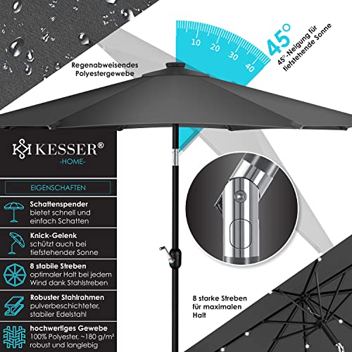 KESSER® Sonnenschirm Balkonschirm Rund LED Solar mit Kurbel Inkl. 2in1 Schutzhülle, Gartenschirm, Schirm Ø 265 cm für Balkon Garten & Terrasse verstellbar knickbar Anthrazit – Bild 3
