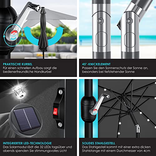 KESSER® Sonnenschirm Balkonschirm Rund LED Solar mit Kurbel Inkl. 2in1 Schutzhülle, Gartenschirm, Schirm Ø 265 cm für Balkon Garten & Terrasse verstellbar knickbar Anthrazit – Bild 5