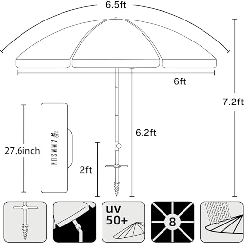 AMMSUN 200cm Sonnenschirm mit zwei zusammengeklappten Terrassen für Sonne und Außenbereich, mit Metallneigung Tragbare Cabana-Silberbeschichtung innen mit 99% UV-Schutz – Bild 6