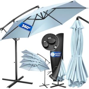 KESSER® Alu Ampelschirm Sonnenschirm Abdeckung Ø350 cm & Kurbelvorrichtung Kurbelschirm mit Ständer UV-Schutz Aluminium Wasserabweisende Bespannung 360° Funktion Garten-Schirm Marktschirm Hellblau