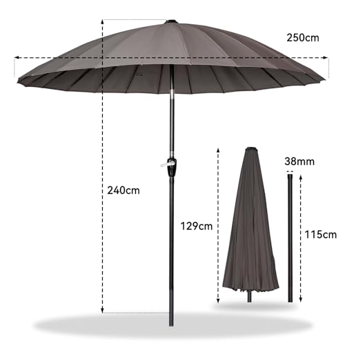 Angel Living Shanghai 250cm Sonneschirm Gartenschirm mit Kurbel,UV-Schutz, Terrassenschirm belüftet, Marktschirm für Terrasse, Garten, Balkon Grau – Bild 5