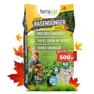 TerraUno Premium Herbstdünger Rasen, gesunder Rasen verdrängt Moos & Unkraut, Rasendünger Herbst mit 60 Tage Langzeitwirkung, 10 kg für 500 m², Herbstrasendünger, Sofortwirkung, extra starkes Grün