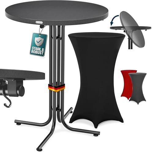 Casaria® Stehtisch mit Husse 70 cm Klappbar Schwarz Rund Holz Metall Pulverbeschichtet Wetterfest Hoch Set Bistrotisch Bartisch Garten Party Tisch