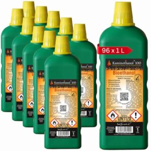 Kaminethanol Icking 96 Liter Bioethanol 100% (96 x 1 L) Premium Qualität - direkt vom Hersteller für Ethanol Kamine, Alkohol-Brenner, Terrasenfeuer, Raumfeuer und Gartenfackeln