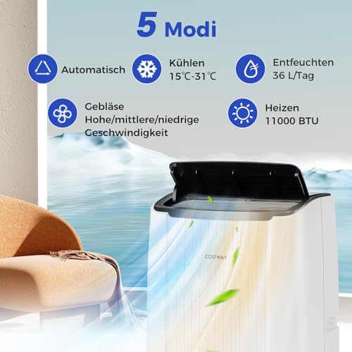 COSTWAY 14000 BTU mobile Klimaanlage mit Abluftschlauch, 4-in-1 Klimagerät mit Heizung, Lüfter & Entfeuchter, 24H Timer, Schlafmodus, Fernbedienung & Installationskit für Räume bis zu 65㎡ (Modell 2) – Bild 7