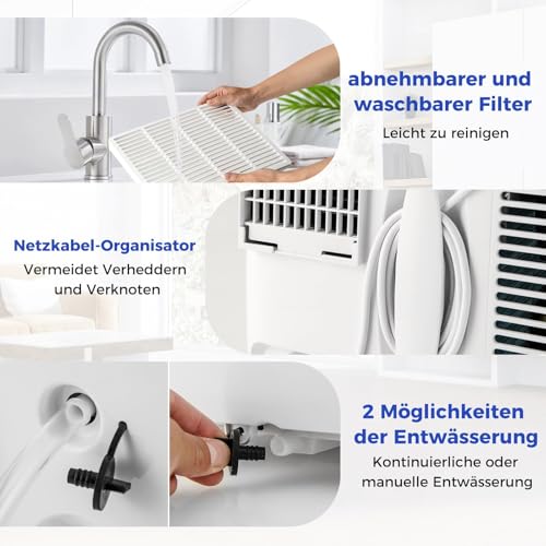 COSTWAY 14000 BTU mobile Klimaanlage mit Abluftschlauch, 4-in-1 Klimagerät mit Heizung, Lüfter & Entfeuchter, 24H Timer, Schlafmodus, Fernbedienung & Installationskit für Räume bis zu 65㎡ (Modell 2) – Bild 9